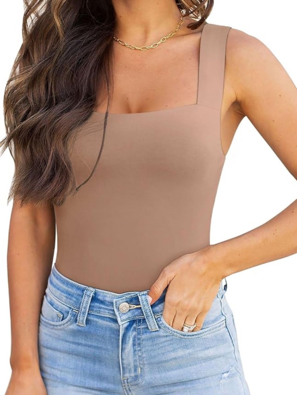 REORIA Women Tank Bodysuit Square Neck Sleeveless Tank Top Double Lined size L